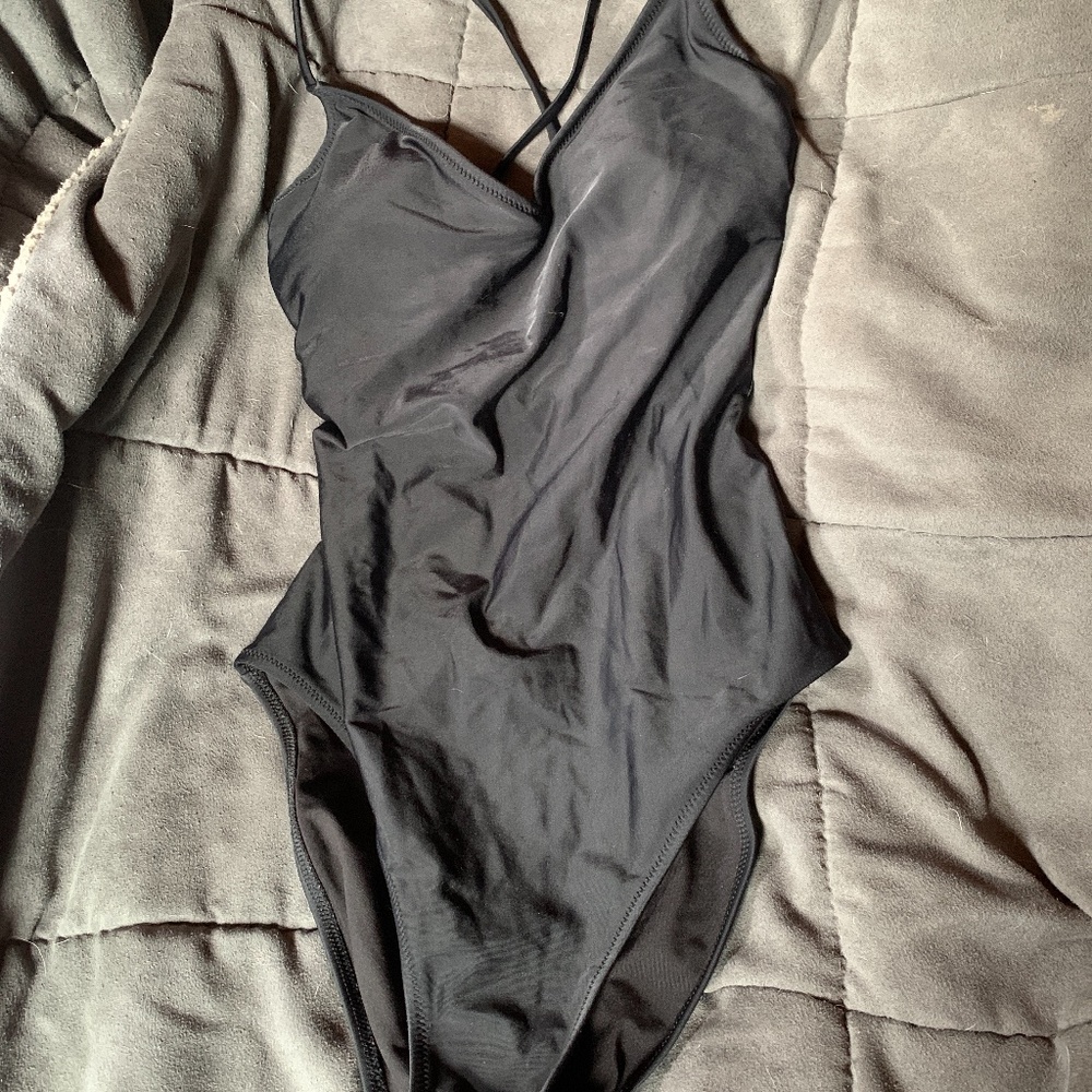 One piece open backed black aerie bathing suit
